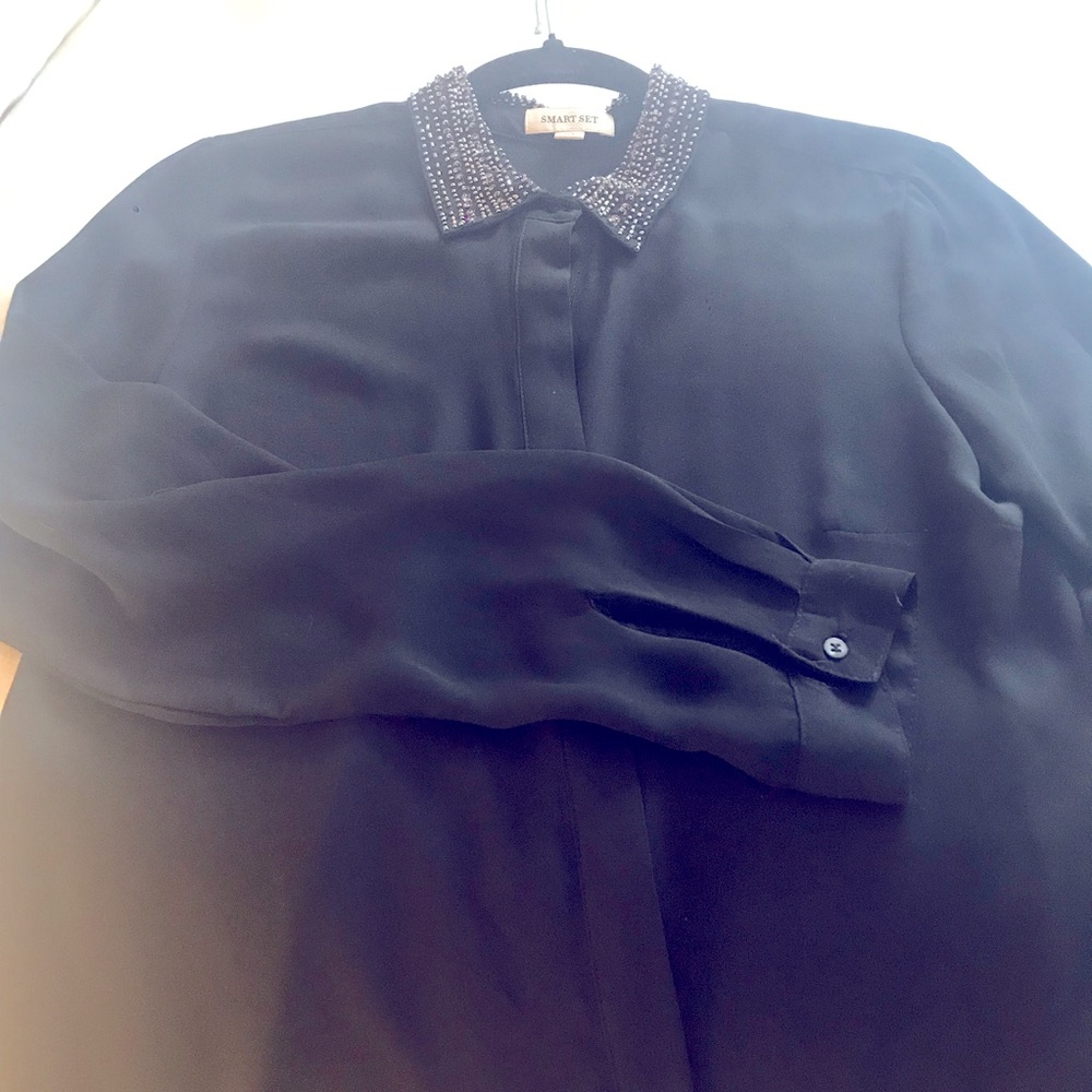 Sheer Black Button-Up Blouse with Beaded Collar